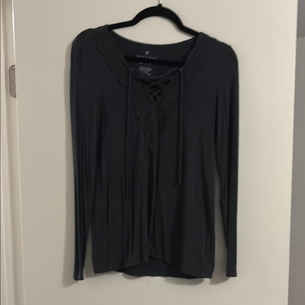 American Eagle Outfitters Charcoal Lace-Up Blouse
